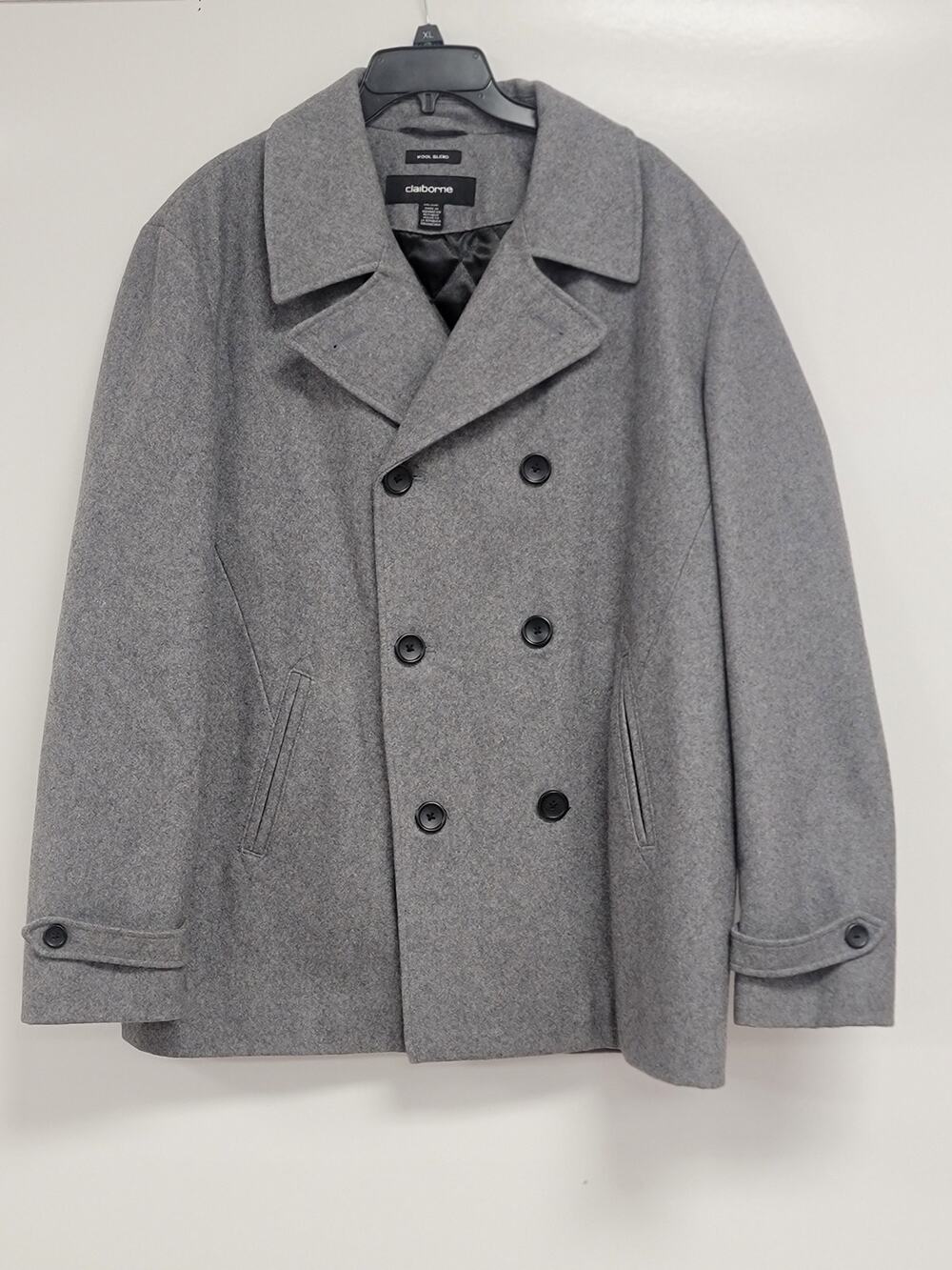 Claiborne Gray Mens Double Breasted Wool Blend Peacoat Sz XL